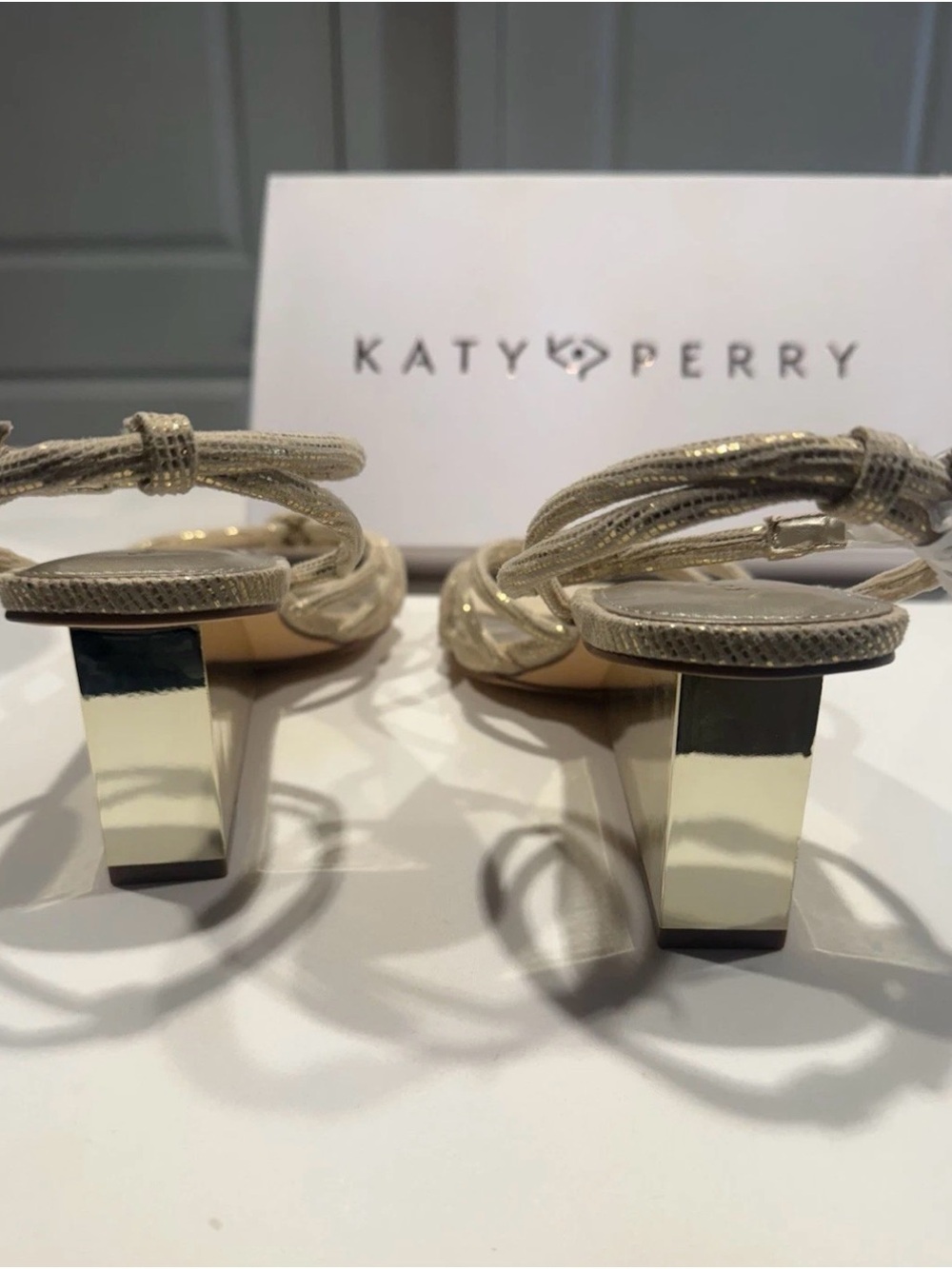 NEW NWT Katy Perry Sz 9.5 Gold Strappy Wedge Sandals with Ankle Tie - Picture 3 of 6